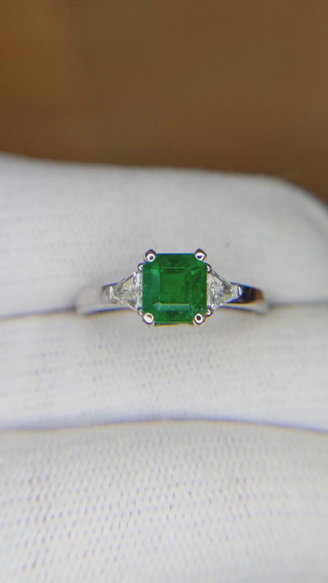 0.95 Ct. Emerald Natural Diamond Three Stone Ring, 18K White Gold Size Video