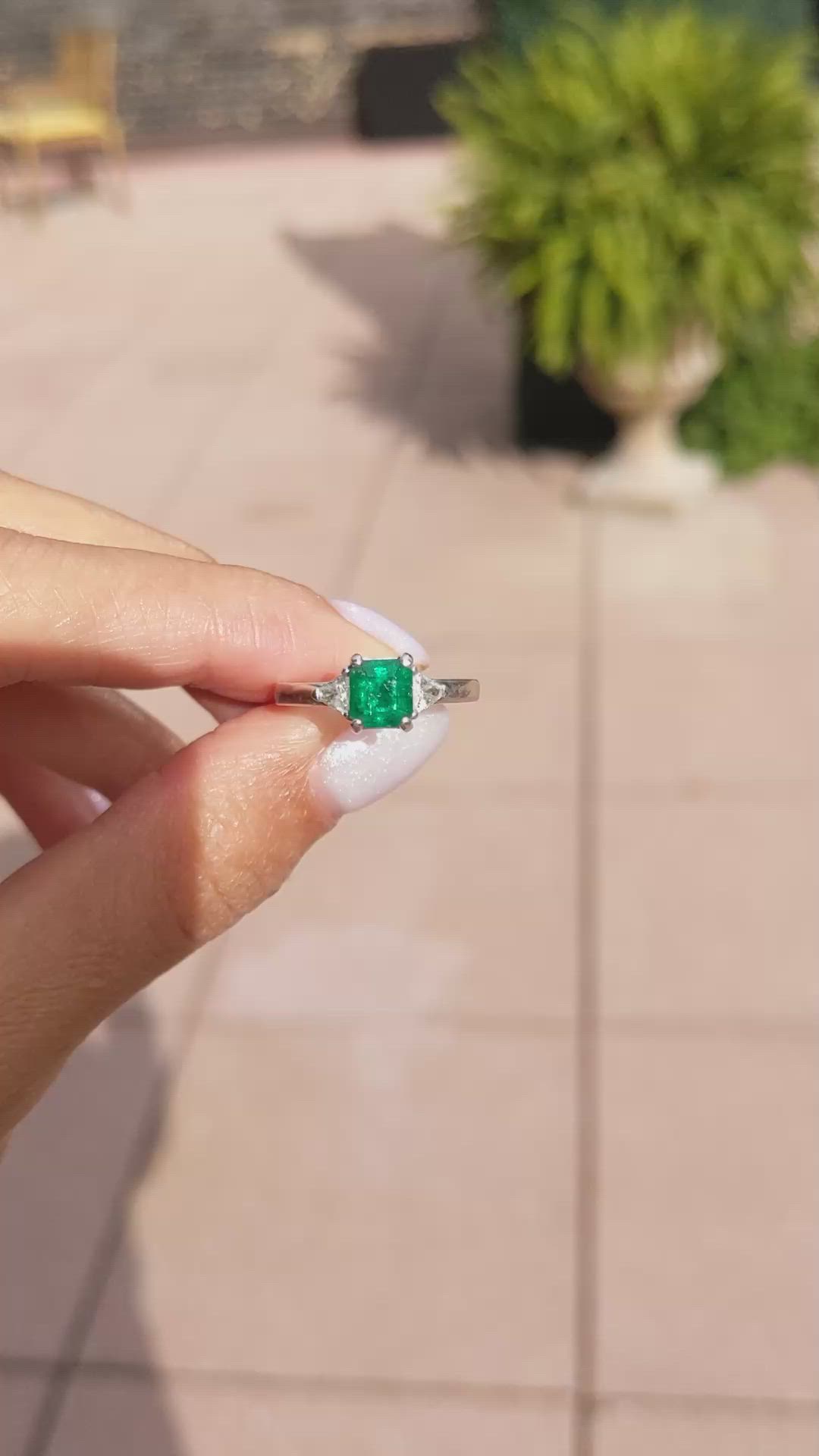 0.95 Ct. Emerald Natural Diamond Three Stone Ring, 18K White Gold Size Video