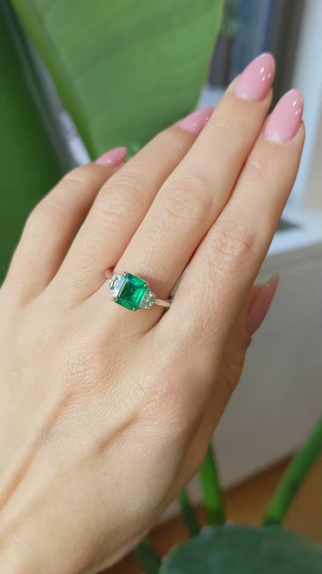 1.21 Ct. Emerald Natural Diamond Three Stone Ring, 18K White & Yellow Size Video