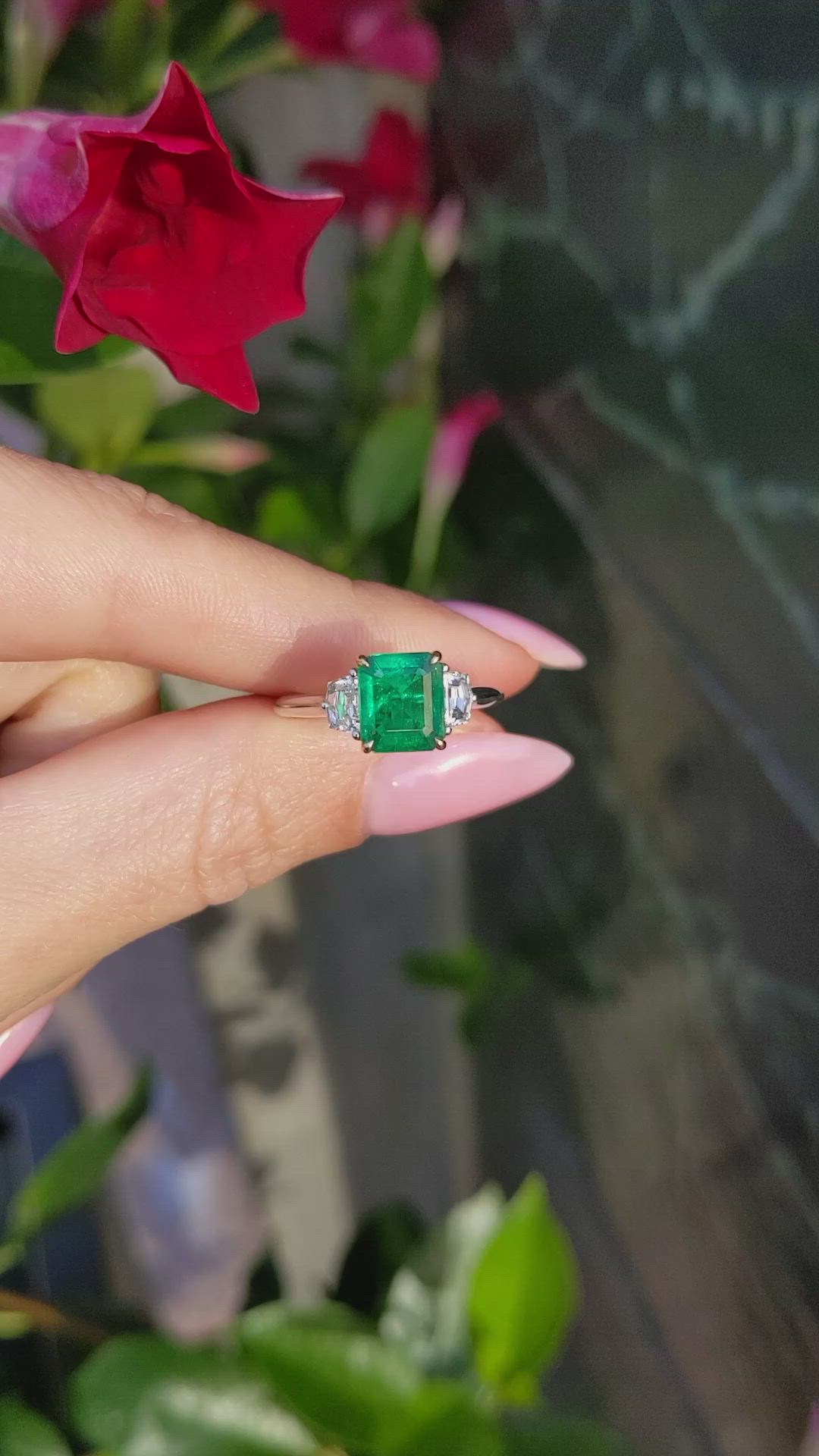 1.21 Ct. Emerald Natural Diamond Three Stone Ring, 18K White & Yellow Size Video