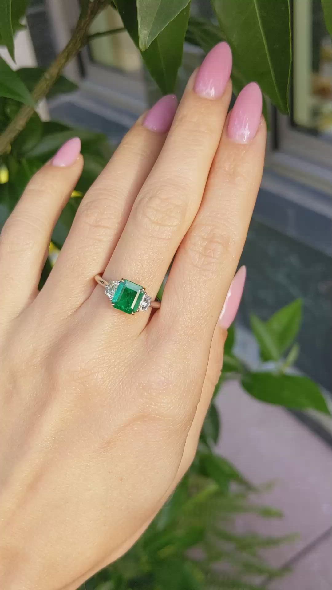 1.21 Ct. Emerald Natural Diamond Three Stone Ring, 18K White & Yellow Size Video