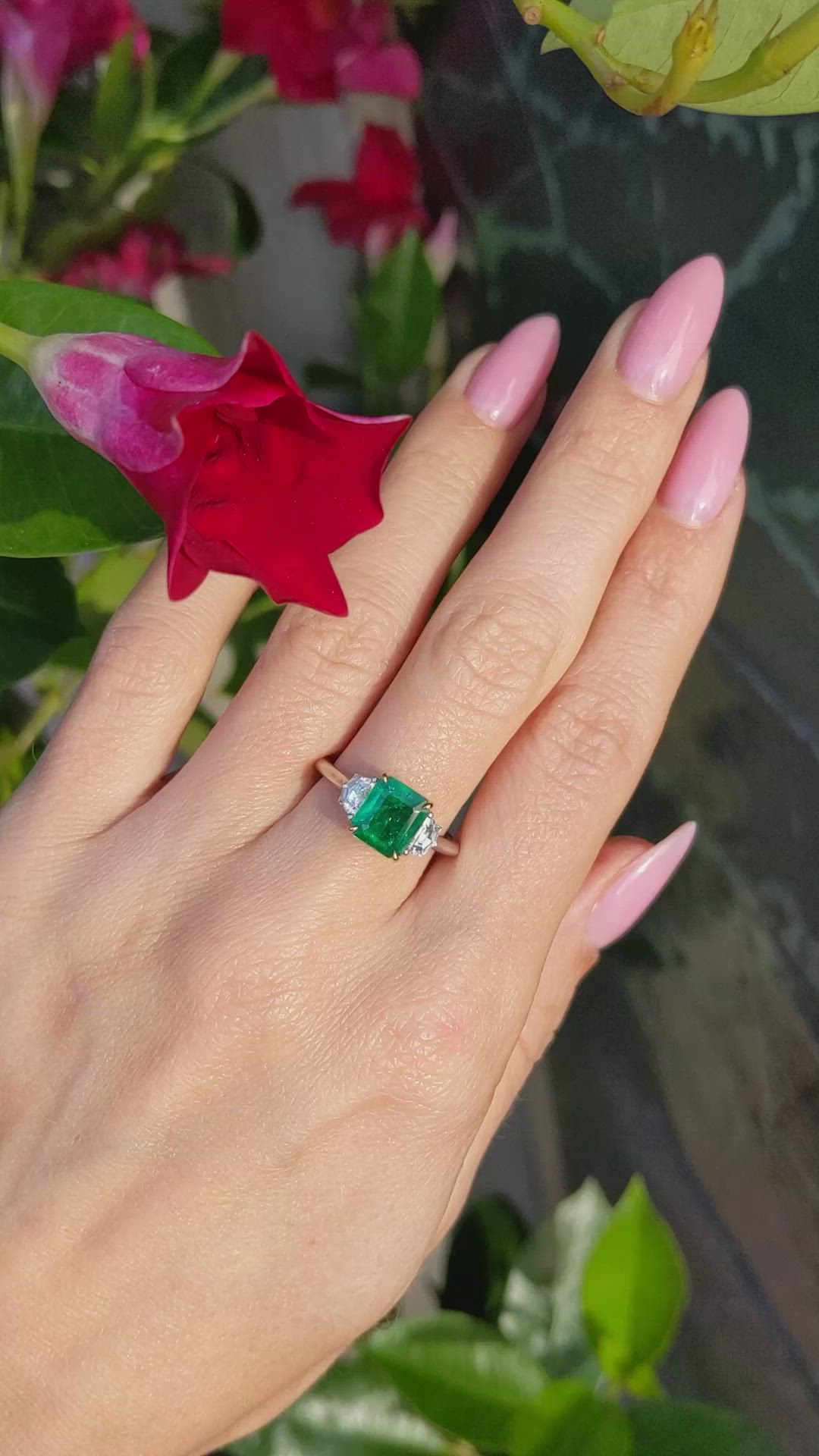 1.21 Ct. Emerald Natural Diamond Three Stone Ring, 18K White & Yellow Size Video