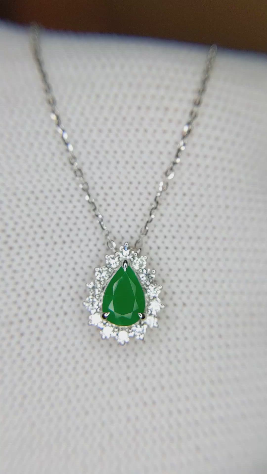 0.65 Ct. Emerald Natural Diamond Halo Necklace, 14K White Gold Size Video