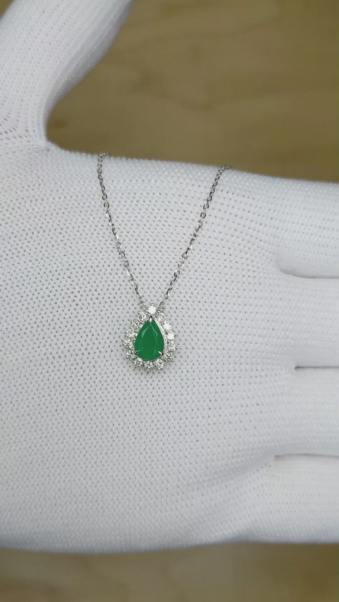 0.65 Ct. Emerald Natural Diamond Halo Necklace, 14K White Gold Size Video