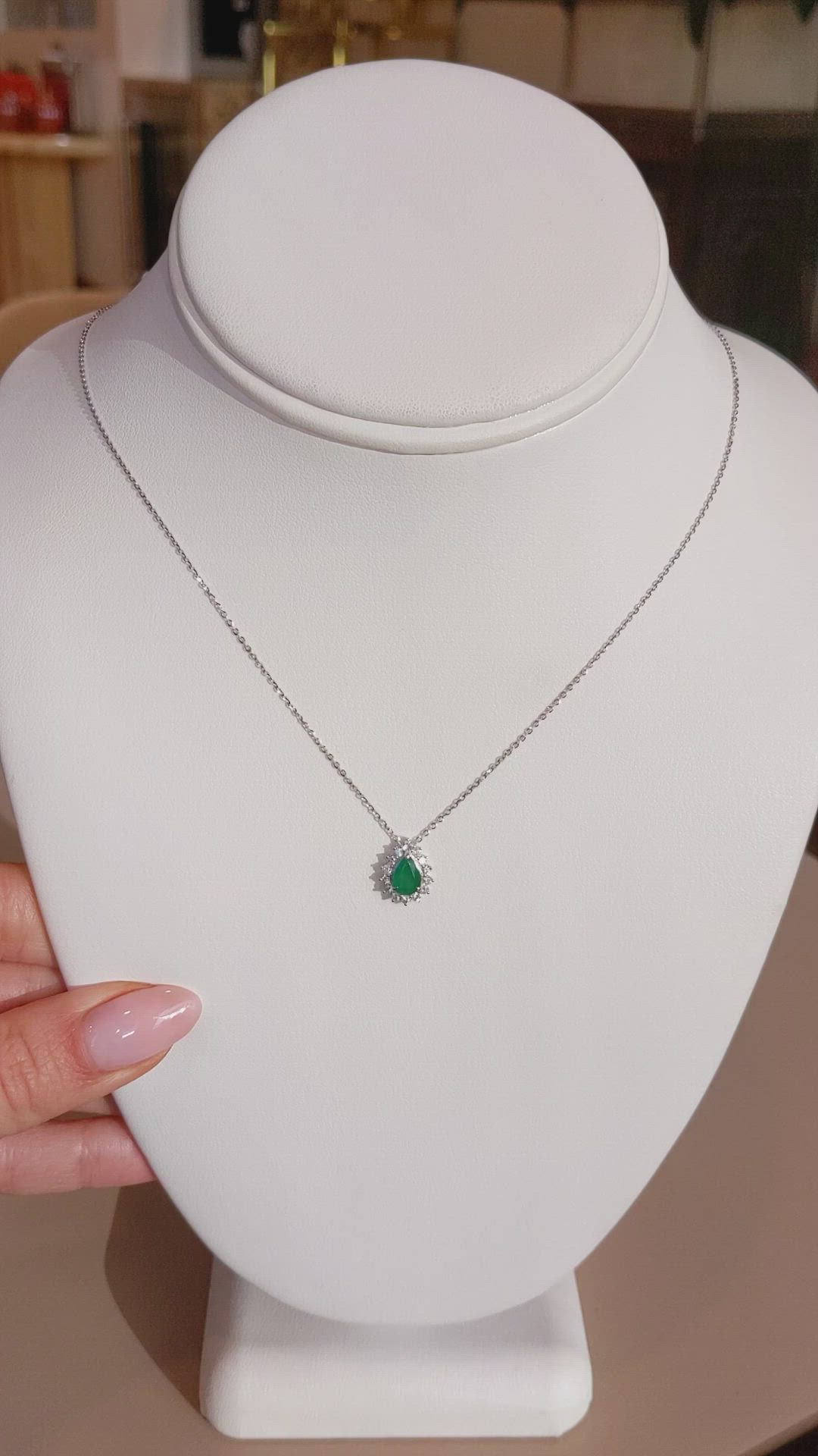 0.65 Ct. Emerald Natural Diamond Halo Necklace, 14K White Gold Size Video