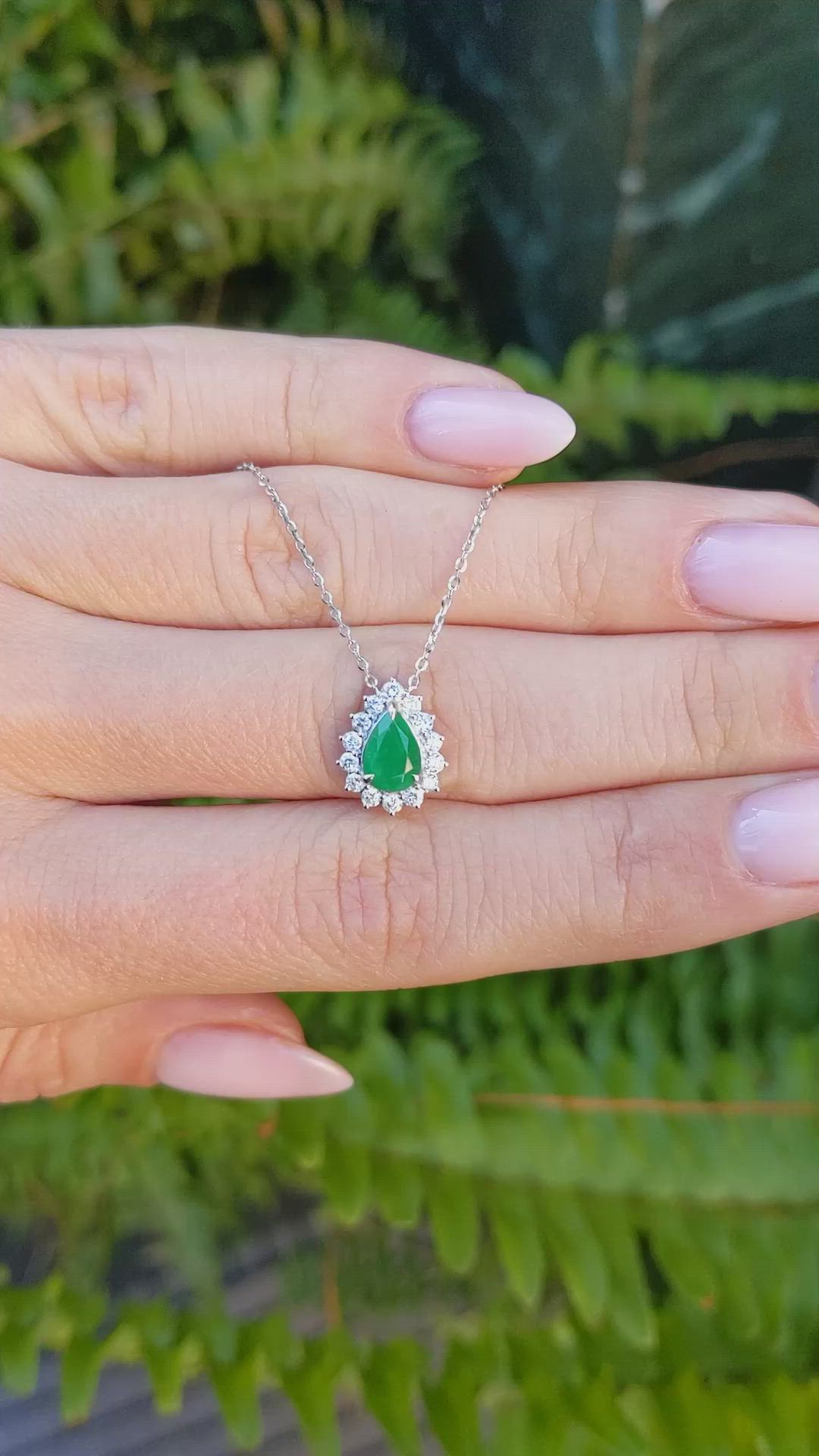 0.65 Ct. Emerald Natural Diamond Halo Necklace, 14K White Gold Size Video