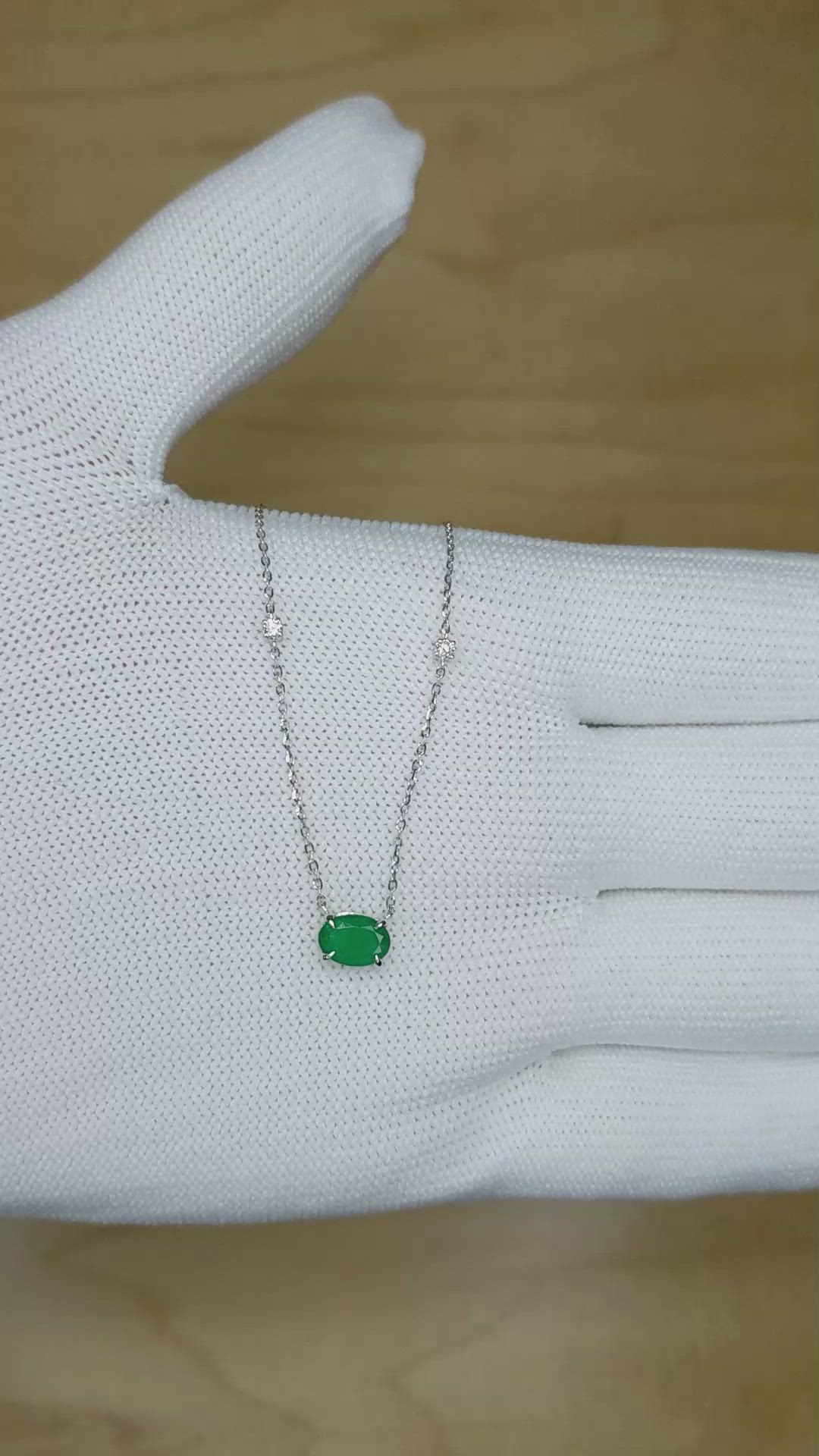 0.55 Ct. Emerald and Natural Diamond Accent Stones Necklace, 14K White Gold Size Video