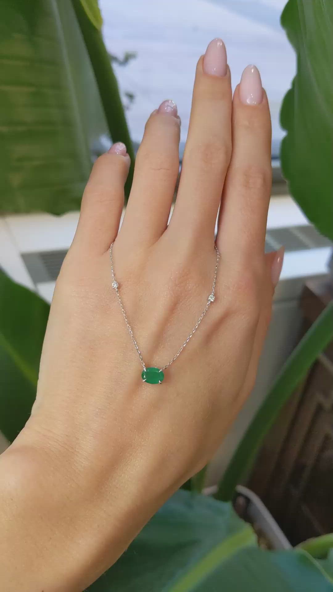 0.55 Ct. Emerald and Natural Diamond Accent Stones Necklace, 14K White Gold Size Video