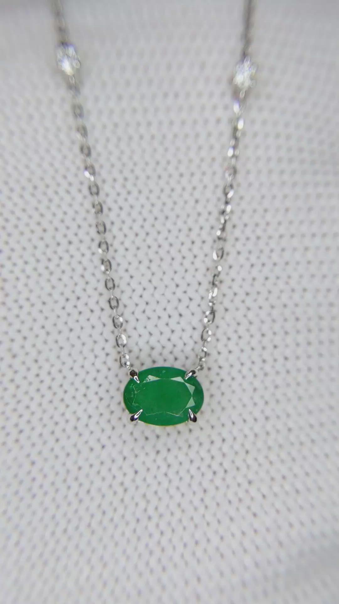 0.55 Ct. Emerald and Natural Diamond Accent Stones Necklace, 14K White Gold Size Video