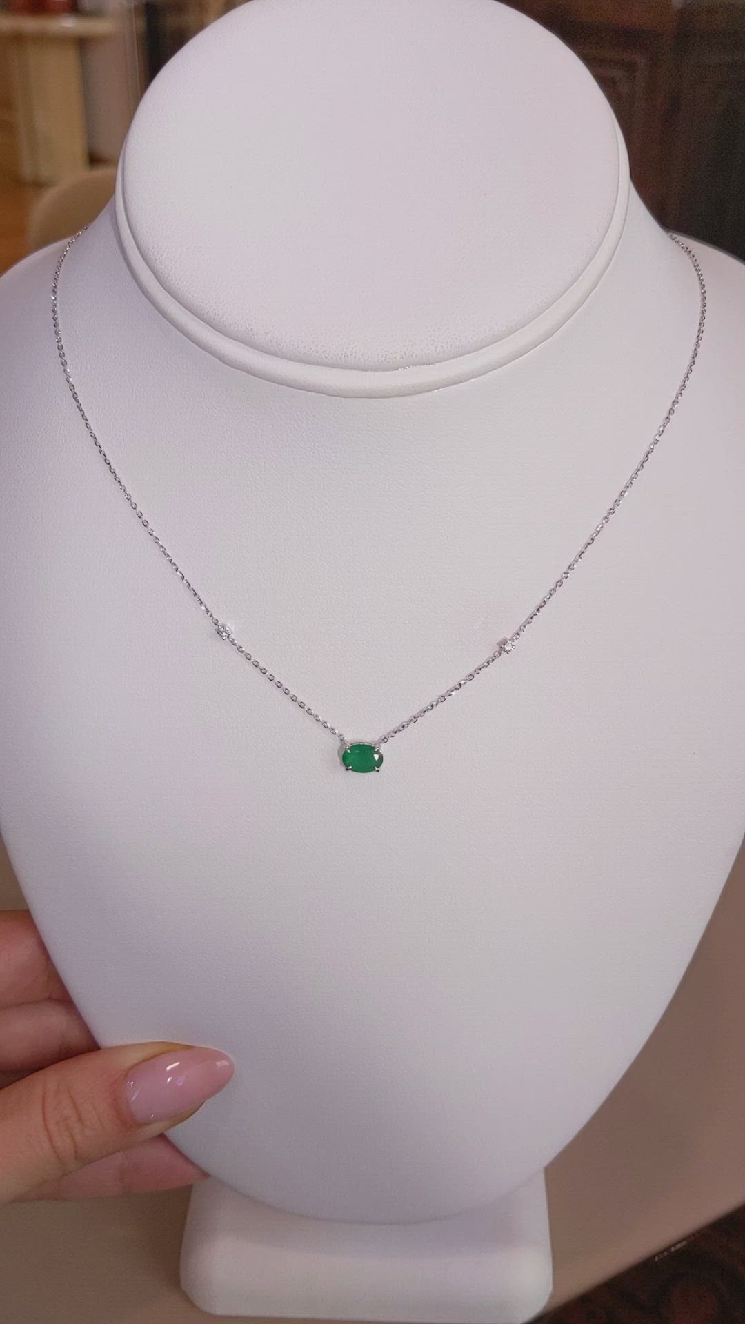 0.55 Ct. Emerald and Natural Diamond Accent Stones Necklace, 14K White Gold Size Video