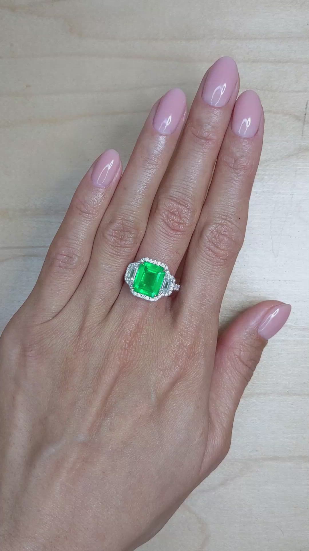 3.80 Ct. Emerald Natural Diamond Three Stone Ring, 18K White & Yellow Size Video