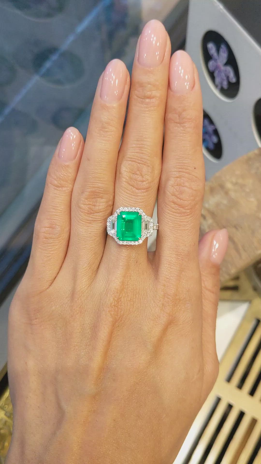 3.80 Ct. Emerald and Natural Diamond Three Stone Ring, 18K White & Yellow Size Video