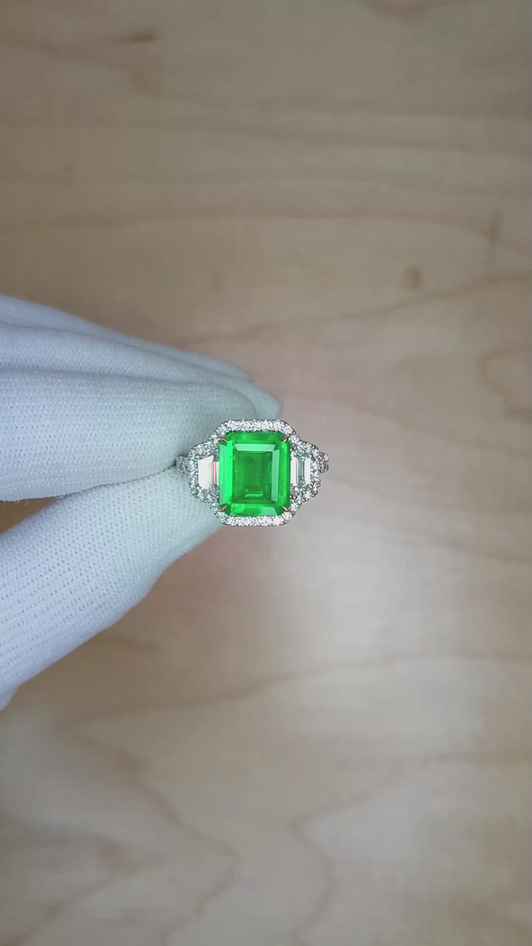 3.80 Ct. Emerald Natural Diamond Three Stone Ring, 18K White & Yellow Size Video