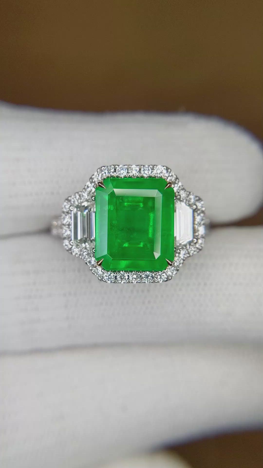 3.80 Ct. Emerald Natural Diamond Three Stone Ring, 18K White & Yellow Size Video