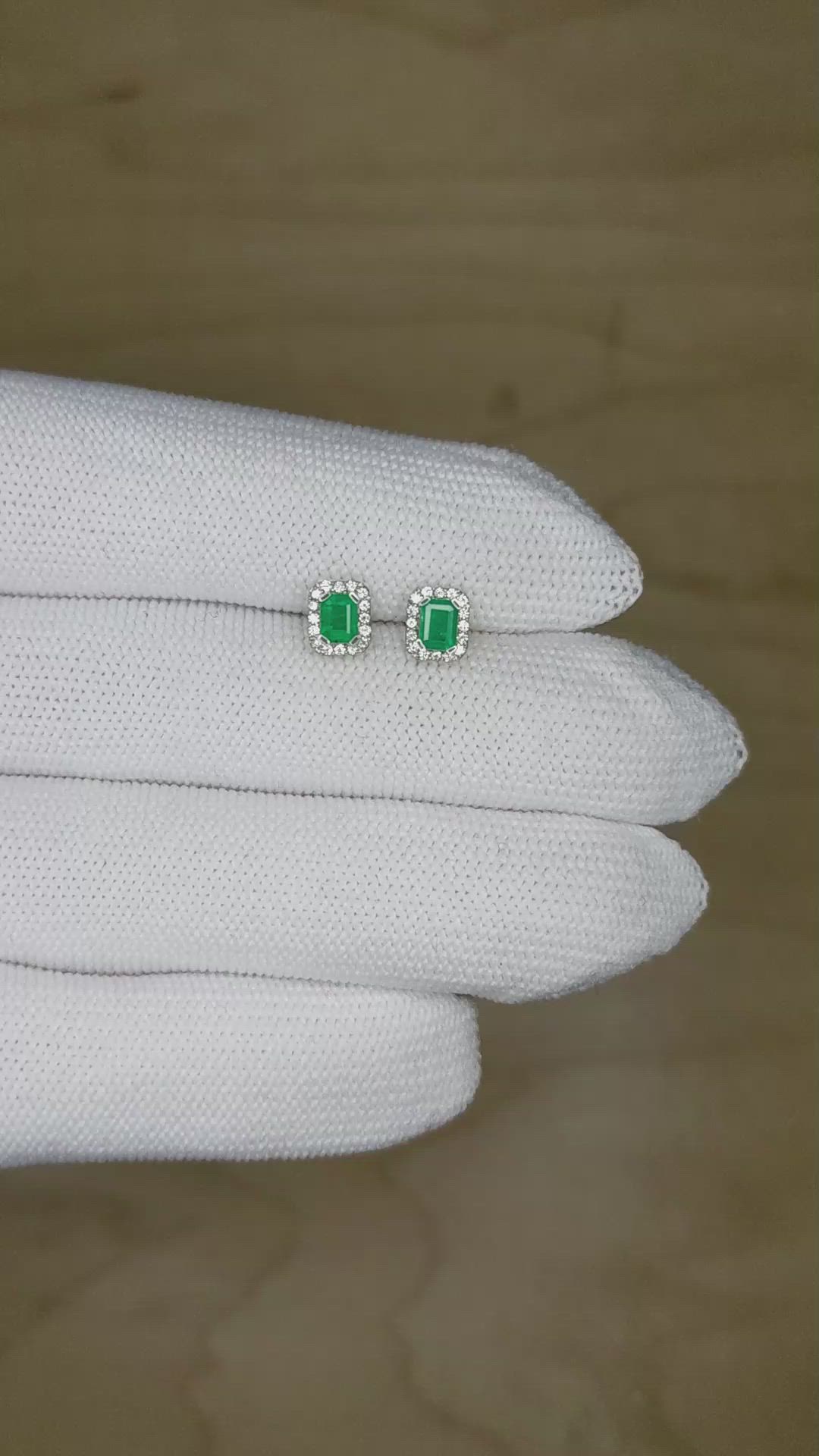 0.42&nbsp;Ct.Tw.Total Carat Weight Emerald and Natural Diamond Studs Earrings, 14K White Gold Size Video