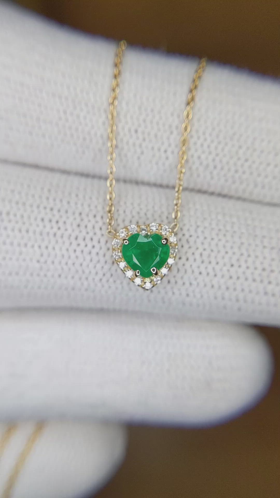 0.47 Ct. Emerald and Natural Diamond Halo Necklace, 14K Yellow Gold Size Video