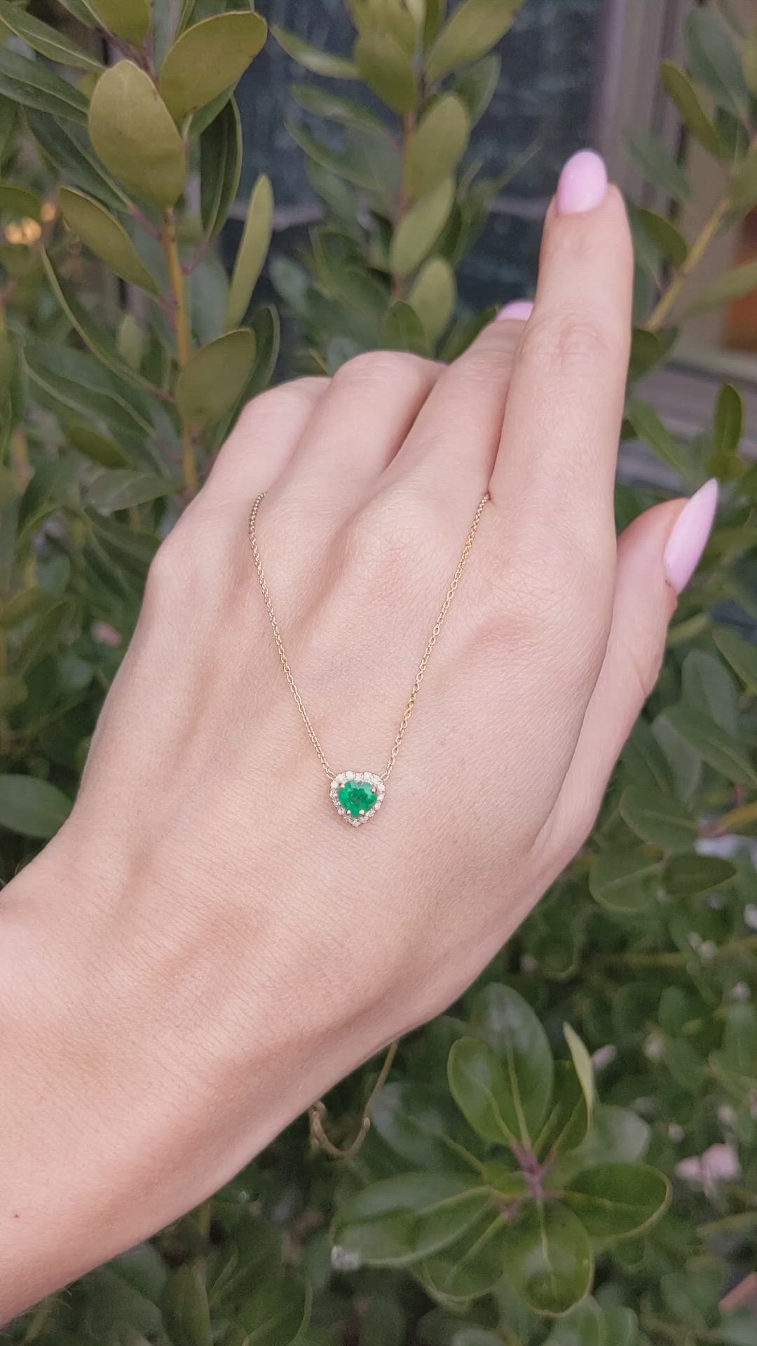 0.47 Ct. Emerald and Natural Diamond Halo Necklace, 14K Yellow Gold Size Video