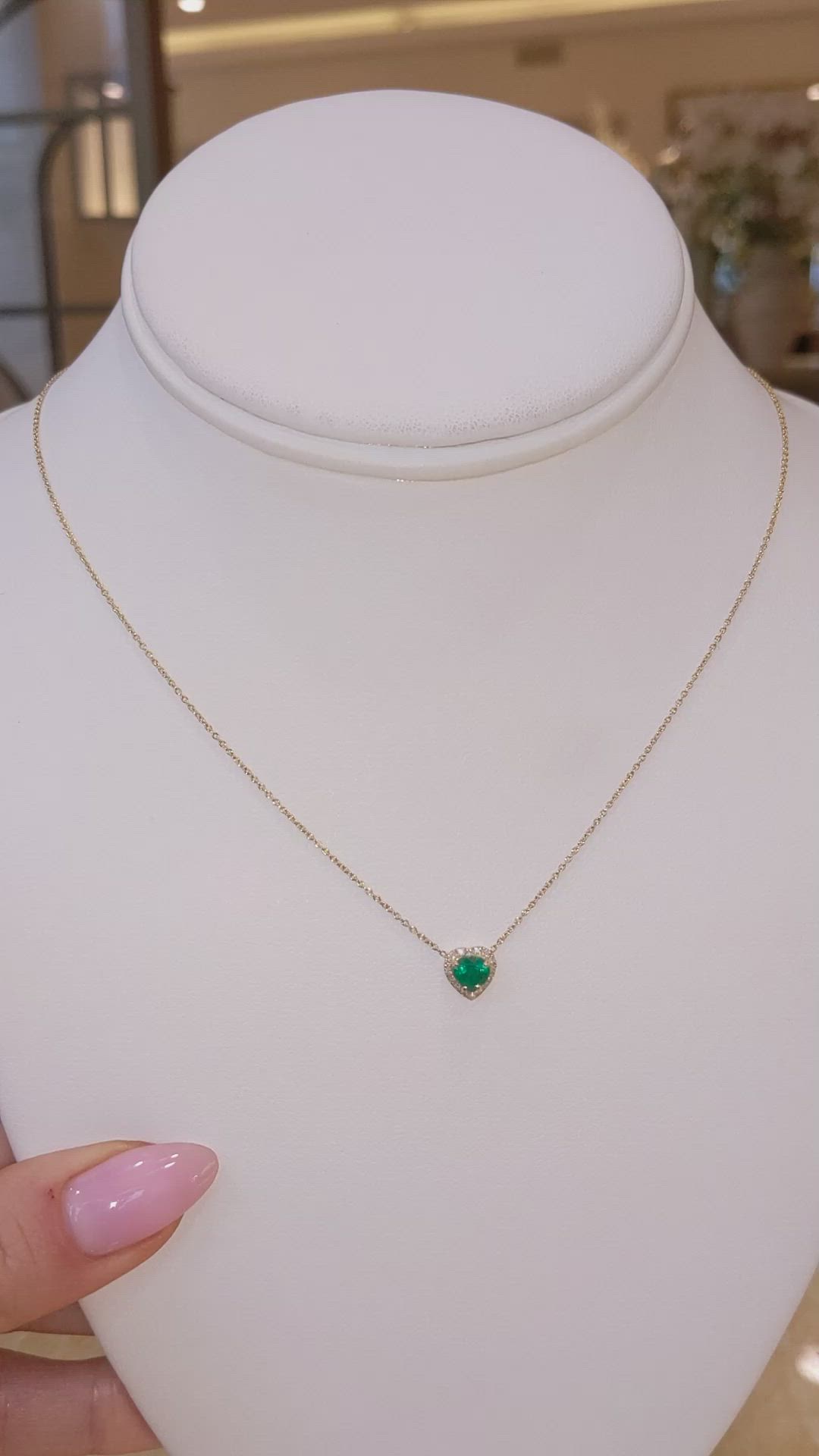 0.47 Ct. Emerald and Natural Diamond Halo Necklace, 14K Yellow Gold Size Video