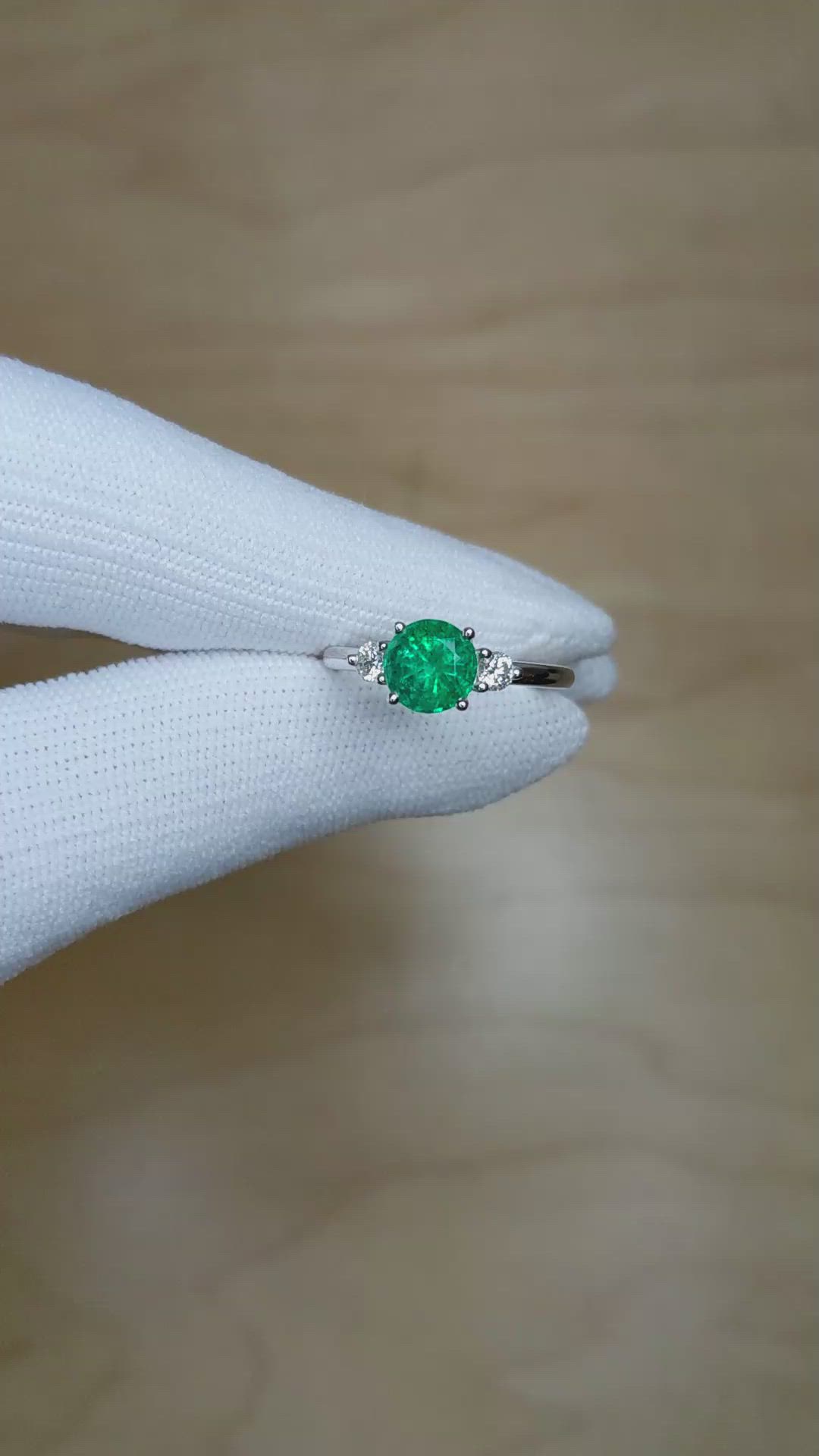 1.29 Ct. Emerald and Natural Diamond Three Stone Ring, 18K White Gold Size Video