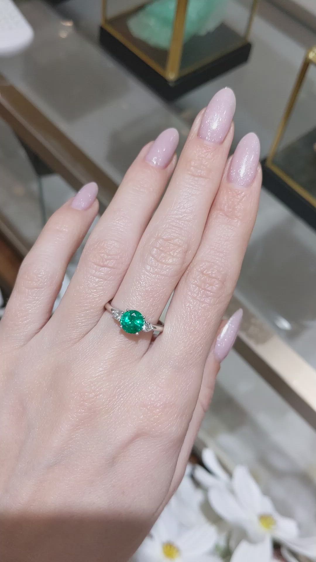 1.29 Ct. Emerald and Natural Diamond Three Stone Ring, 18K White Gold Size Video