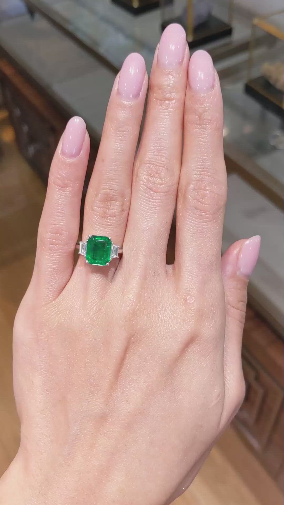 2.80 Ct. Emerald and Natural Diamond Three Stone Ring, 18K White Gold Size Video