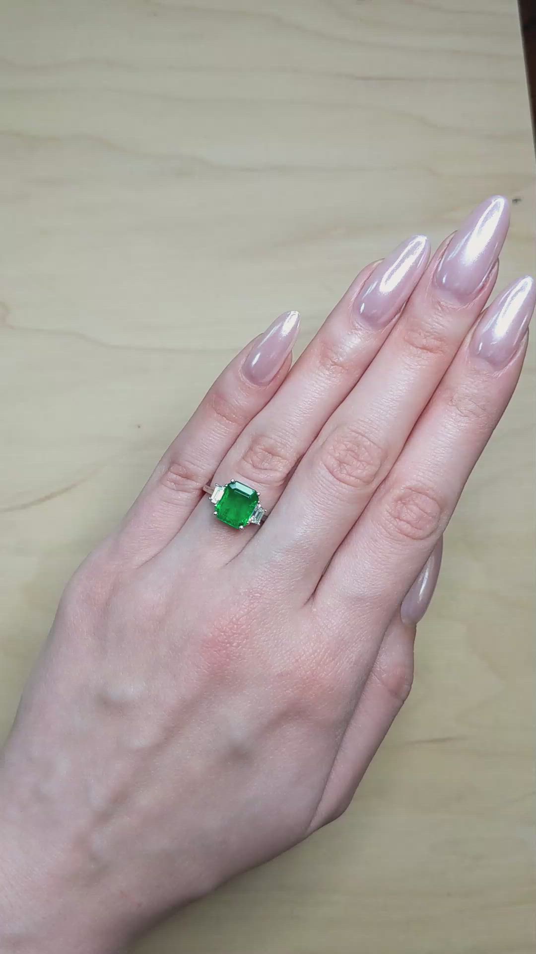 2.80 Ct. Emerald and Natural Diamond Three Stone Ring, 18K White Gold Size Video