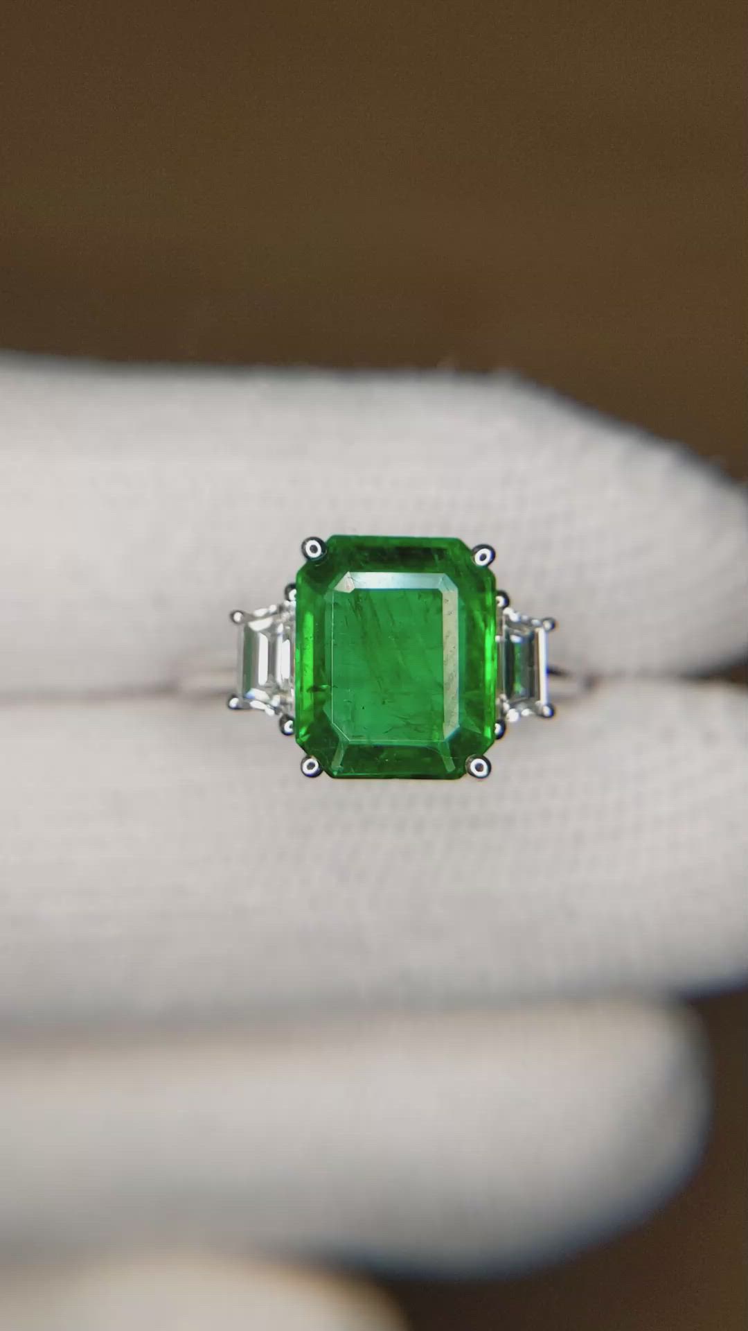 2.80 Ct. Emerald and Natural Diamond Three Stone Ring, 18K White Gold Size Video