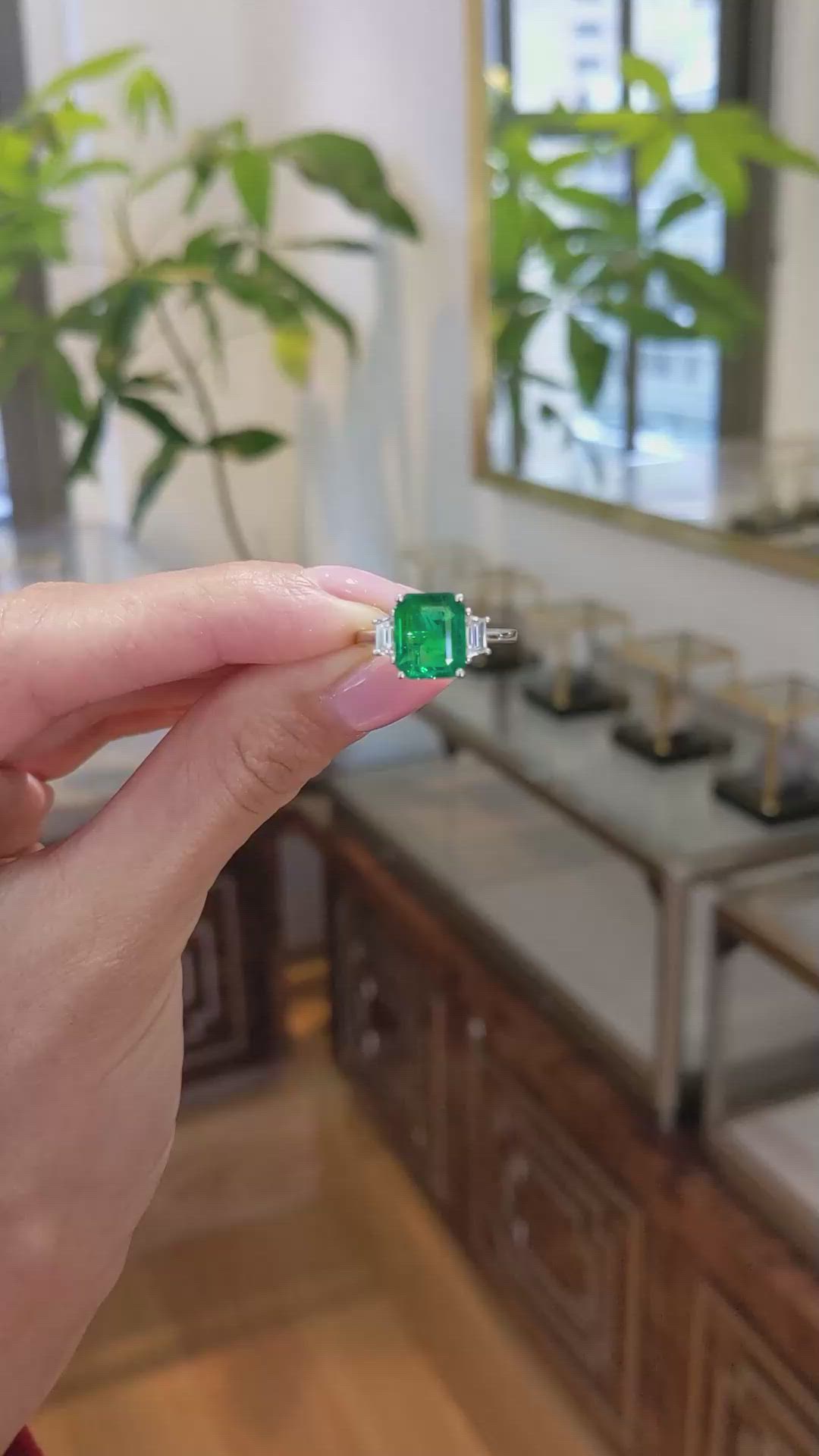2.80 Ct. Emerald and Natural Diamond Three Stone Ring, 18K White Gold Size Video
