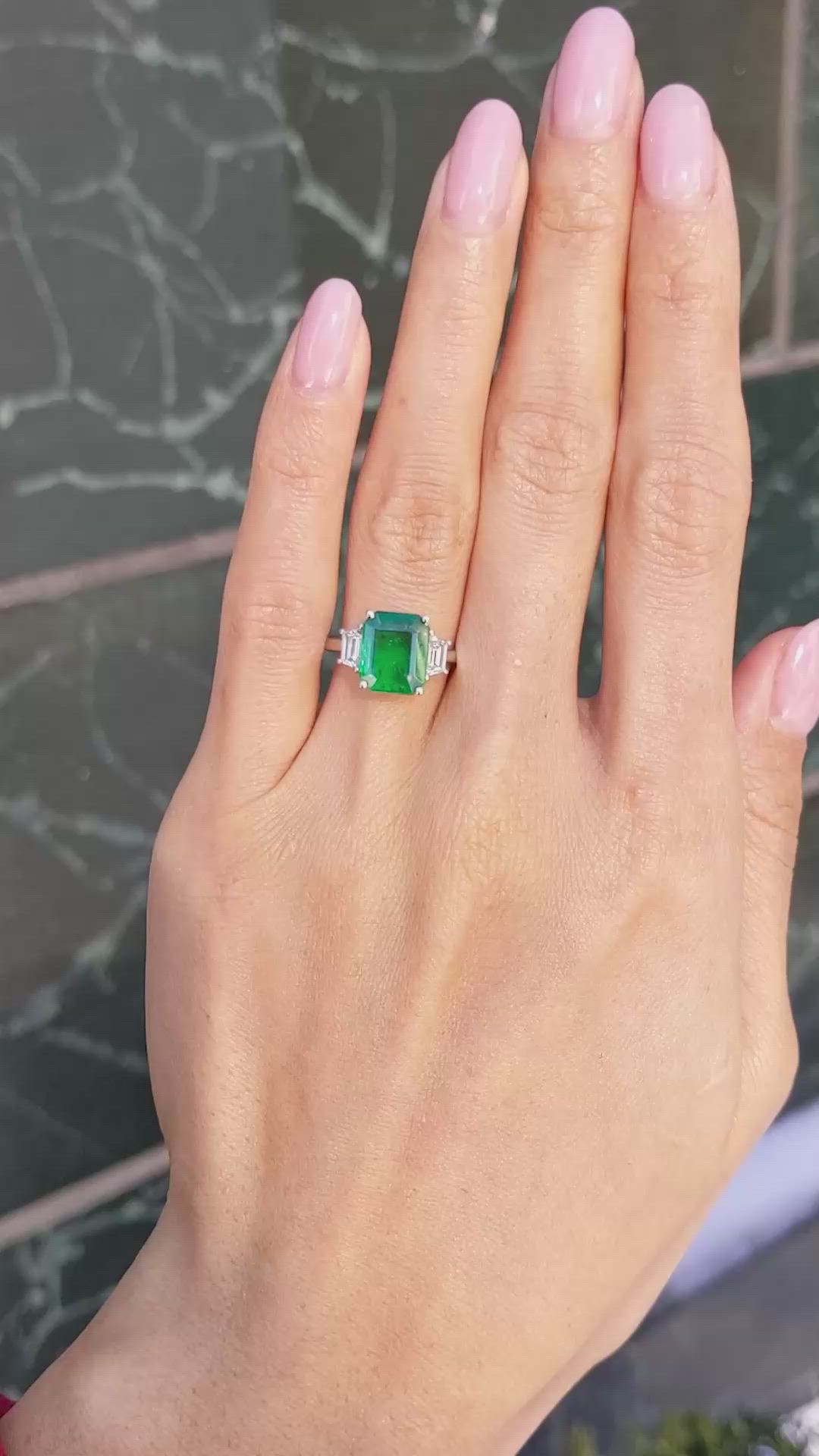 2.80 Ct. Emerald and Natural Diamond Three Stone Ring, 18K White Gold Size Video
