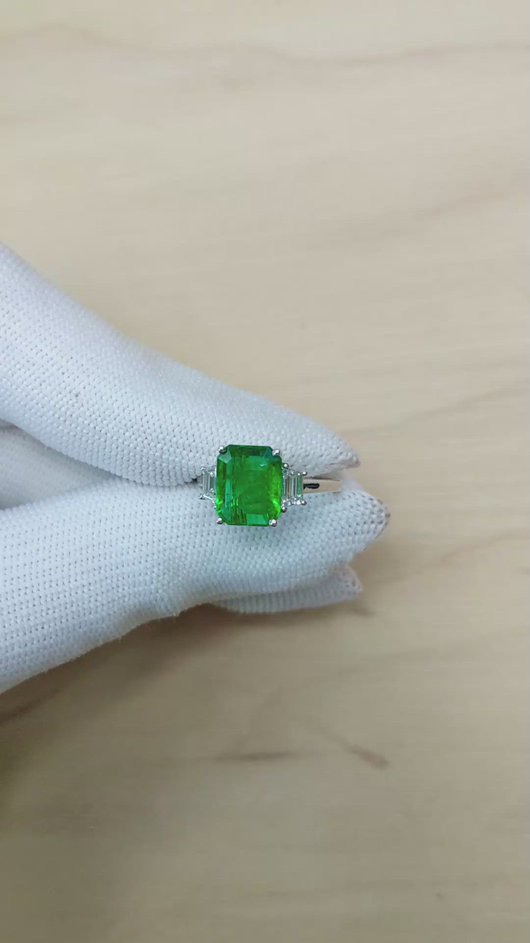 2.80 Ct. Emerald and Natural Diamond Three Stone Ring, 18K White Gold Size Video