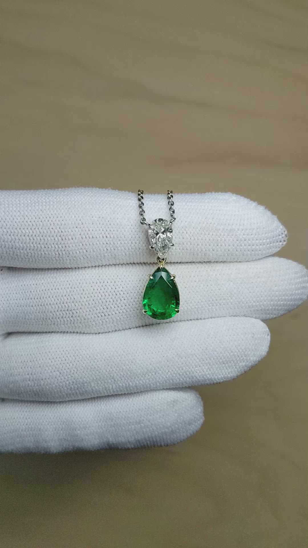 3.04 Ct. Emerald and Natural Diamond Accent Stones Necklace, Platinum & 18K Yellow Size Video