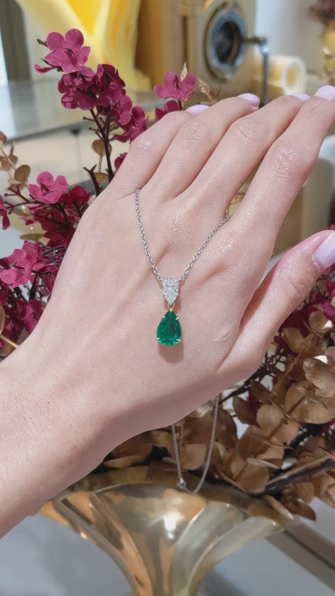 3.04 Ct. Emerald and Natural Diamond Accent Stones Necklace, Platinum & 18K Yellow Size Video