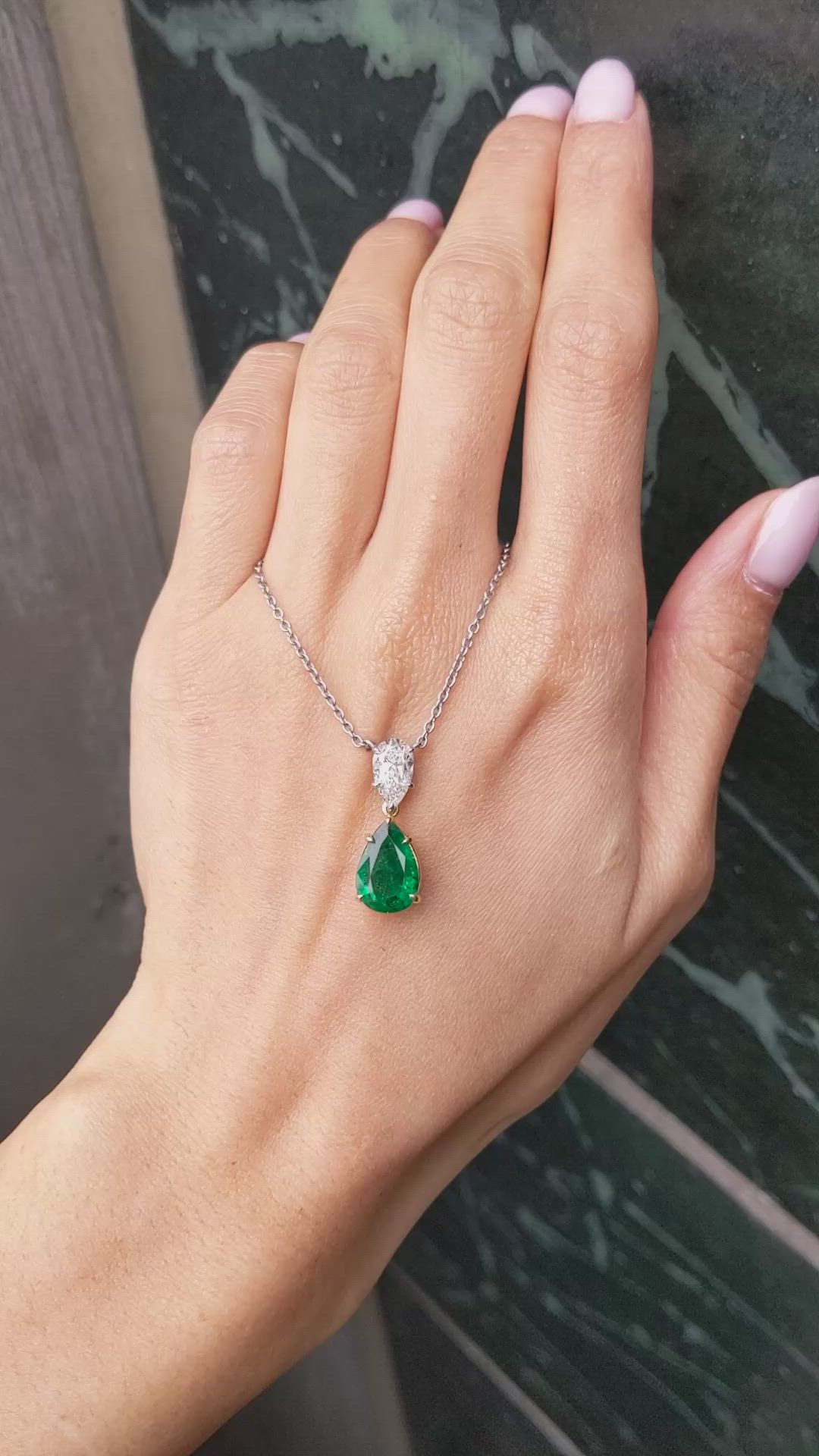 3.04 Ct. Emerald and Natural Diamond Accent Stones Necklace, Platinum & 18K Yellow Size Video