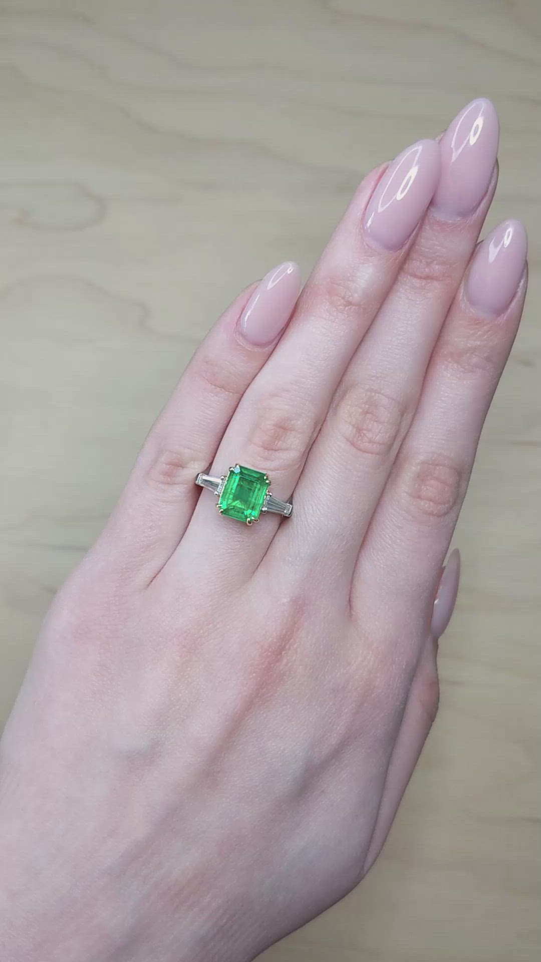 3.11 Ct. Emerald and Natural Diamond Three Stone Ring, Platinum & 18K Yellow Size Video
