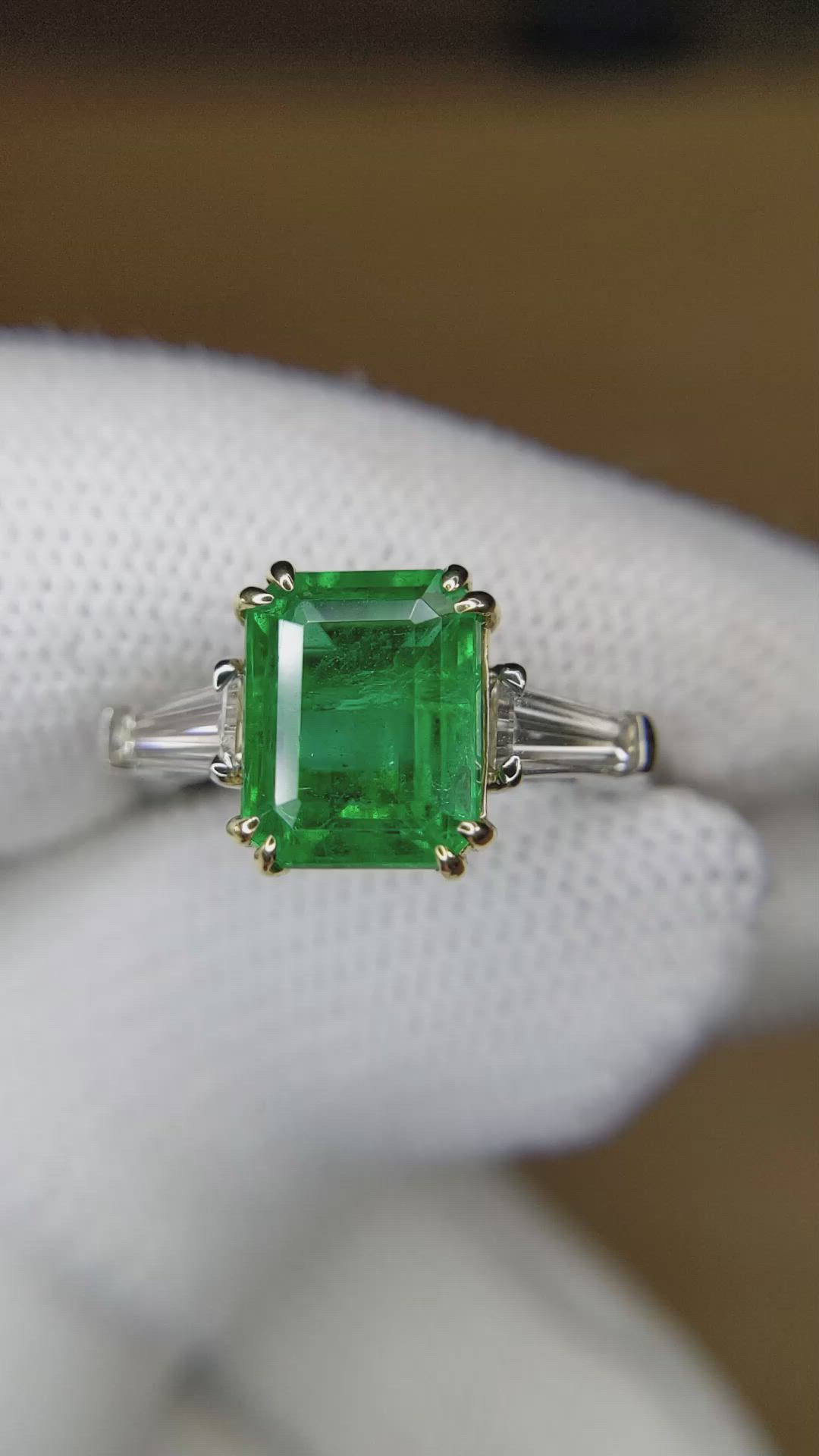 3.11 Ct. Emerald and Natural Diamond Three Stone Ring, Platinum & 18K Yellow Size Video