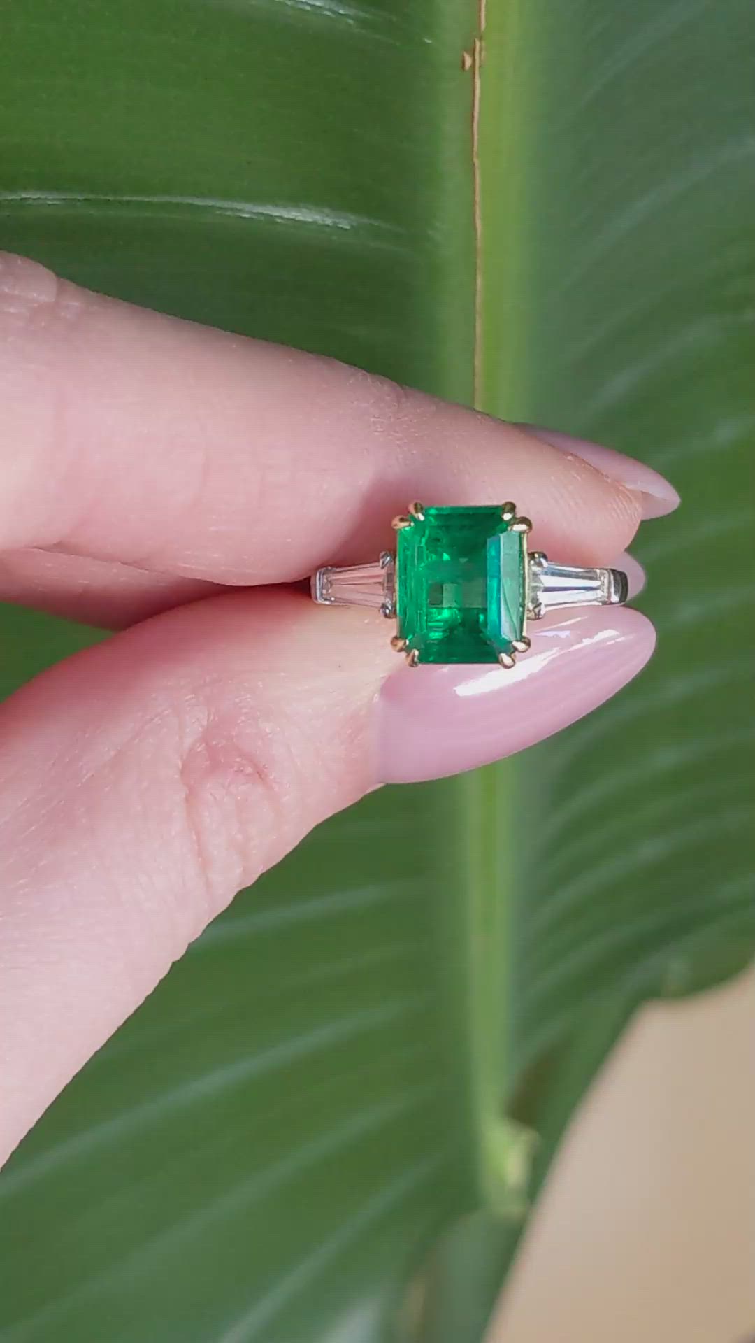 3.11 Ct. Emerald and Natural Diamond Three Stone Ring, Platinum & 18K Yellow Size Video