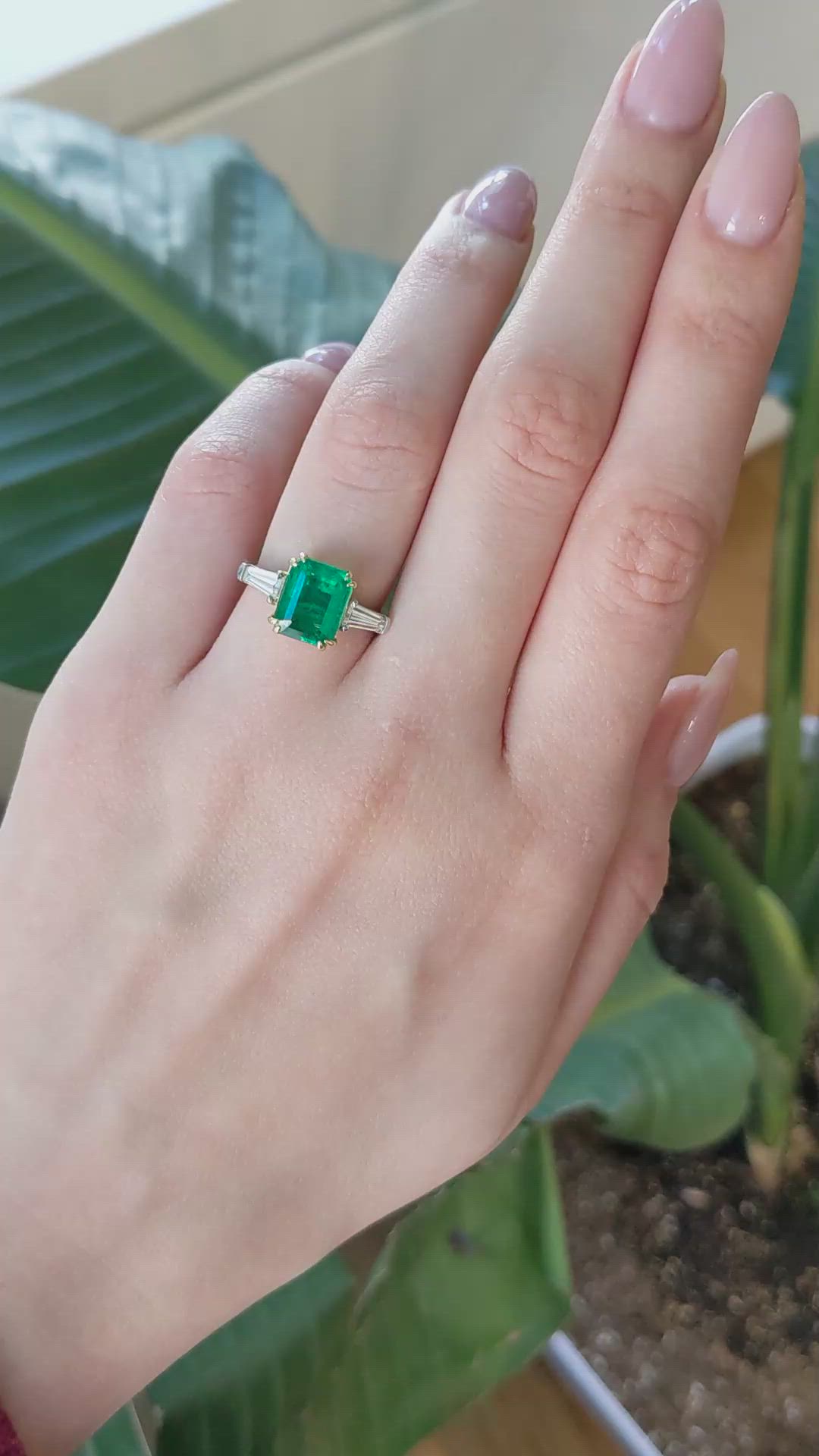 3.11 Ct. Emerald and Natural Diamond Three Stone Ring, Platinum & 18K Yellow Size Video