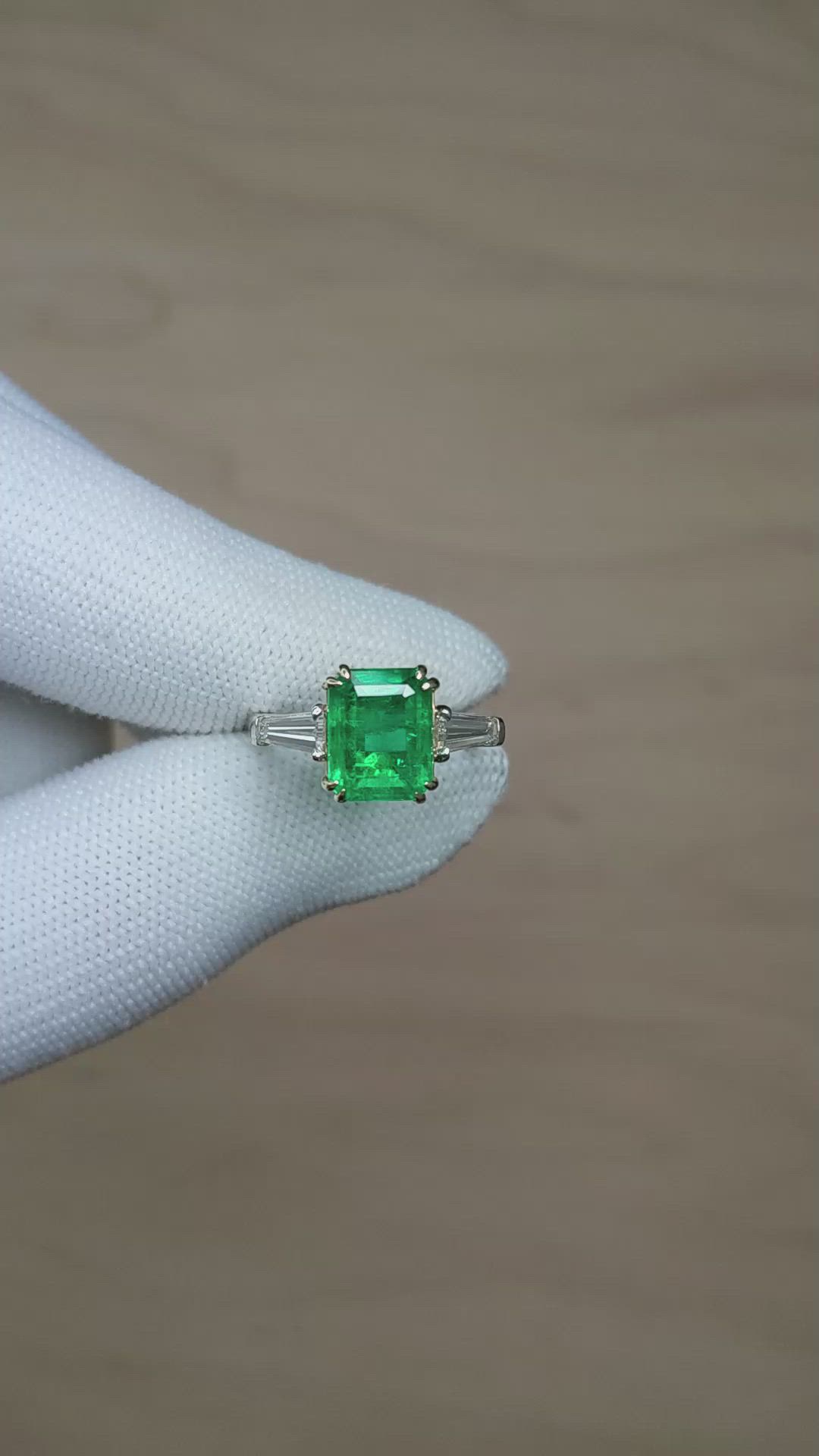 3.11 Ct. Emerald and Natural Diamond Three Stone Ring, Platinum & 18K Yellow Size Video