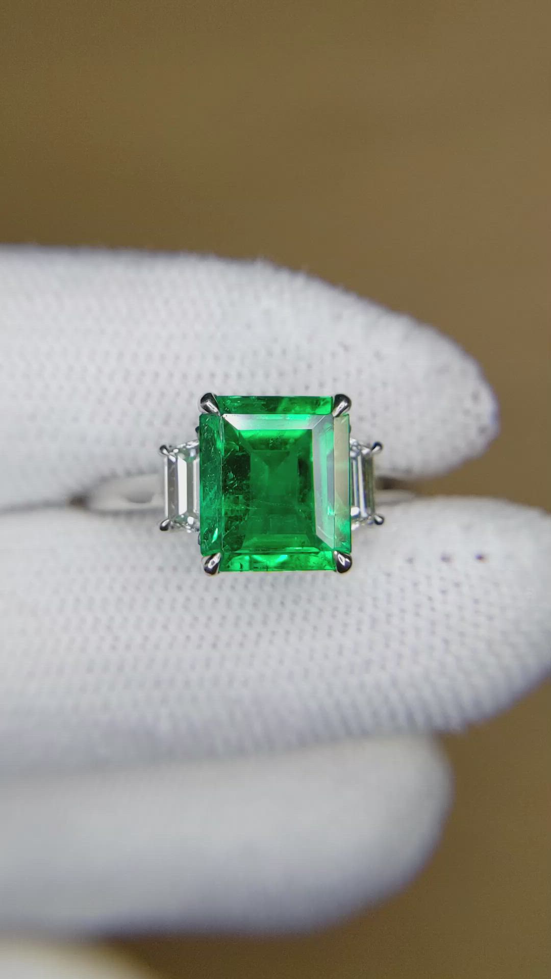 2.62 Ct. Emerald and Natural Diamond Three Stone Ring, Platinum 950 Size Video
