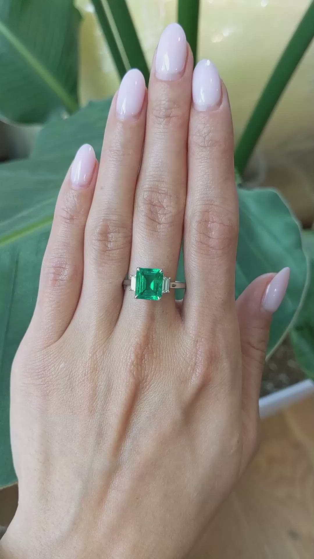 2.62 Ct. Emerald and Natural Diamond Three Stone Ring, Platinum 950 Size Video