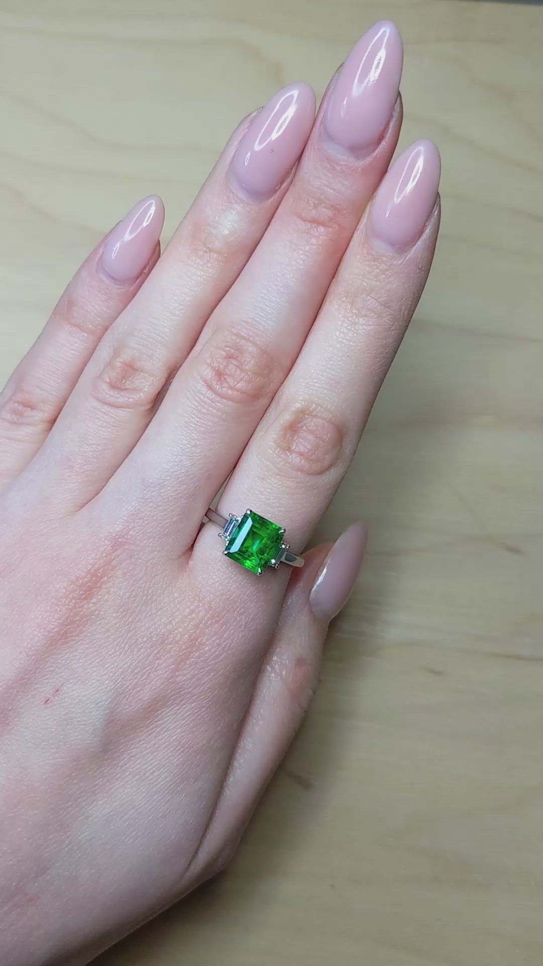 2.62 Ct. Emerald and Natural Diamond Three Stone Ring, Platinum 950 Size Video