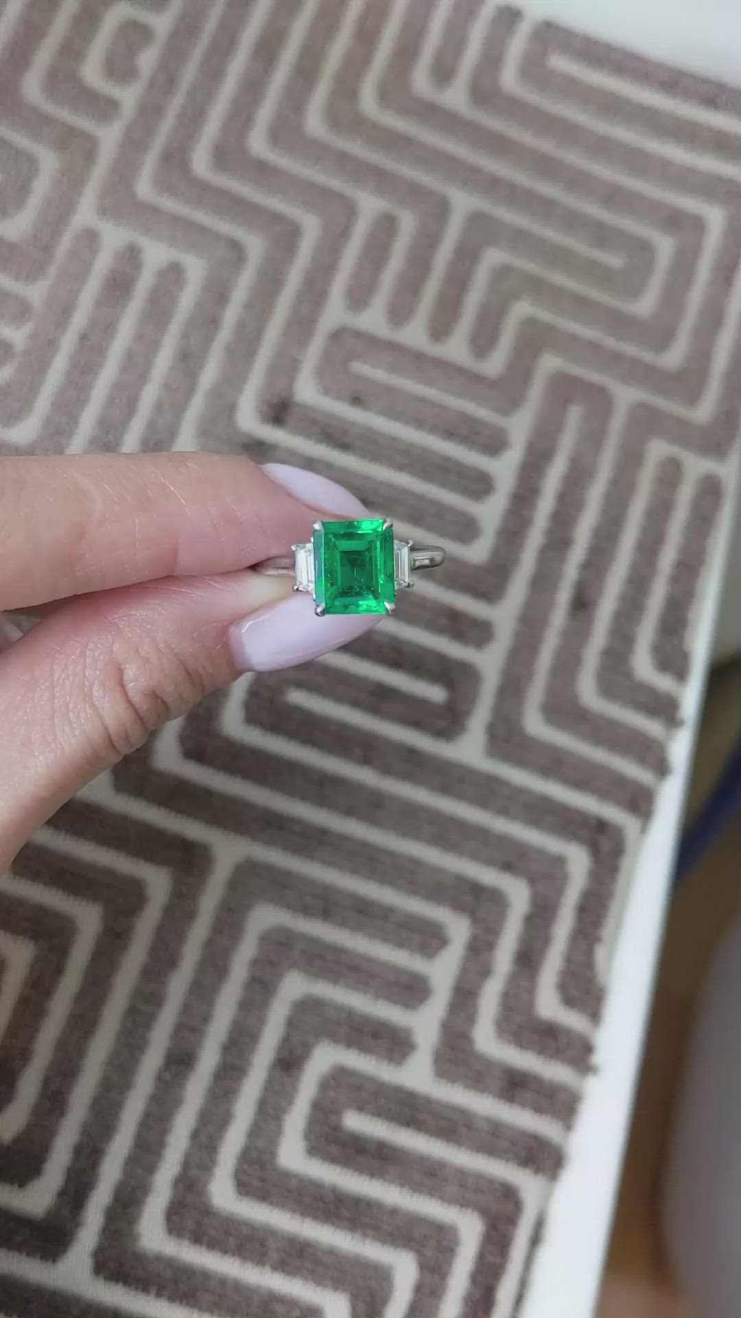 2.62 Ct. Emerald and Natural Diamond Three Stone Ring, Platinum 950 Size Video