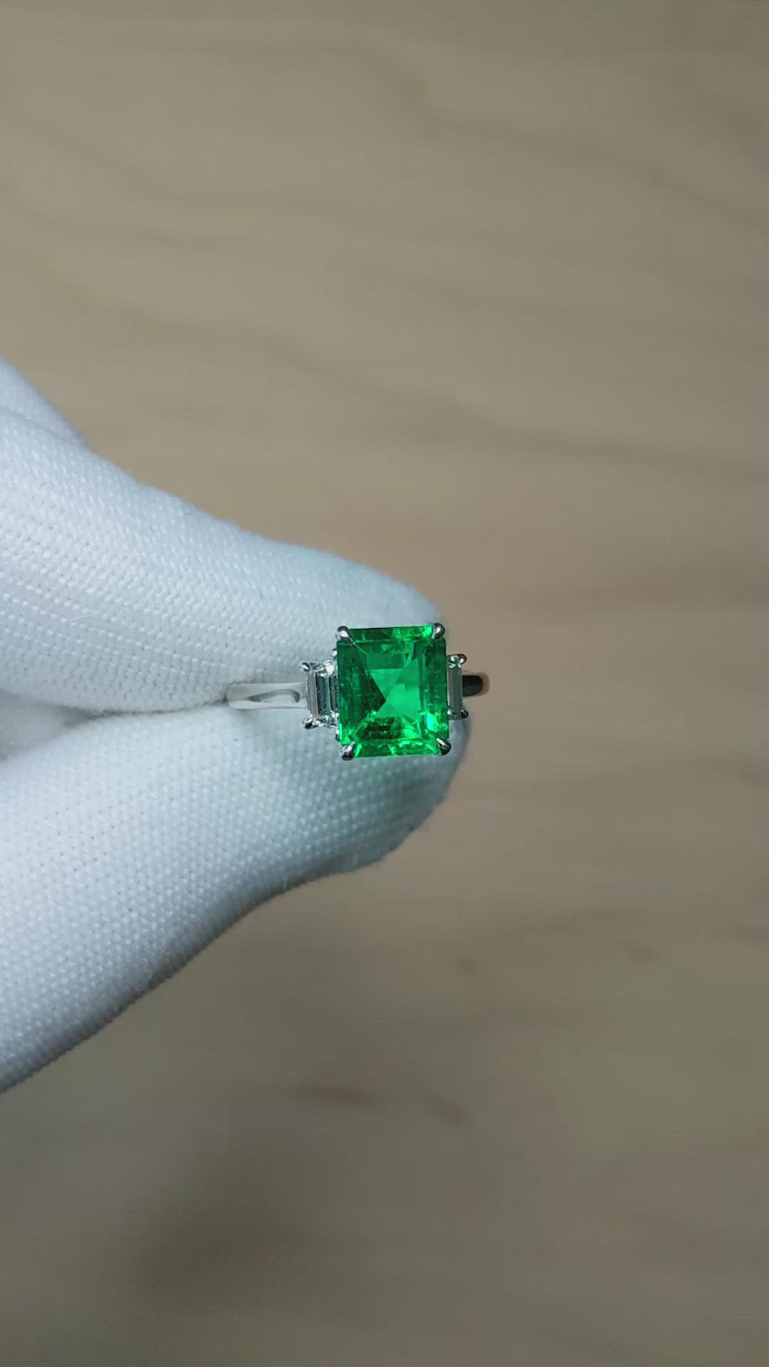 2.62 Ct. Emerald and Natural Diamond Three Stone Ring, Platinum 950 Size Video