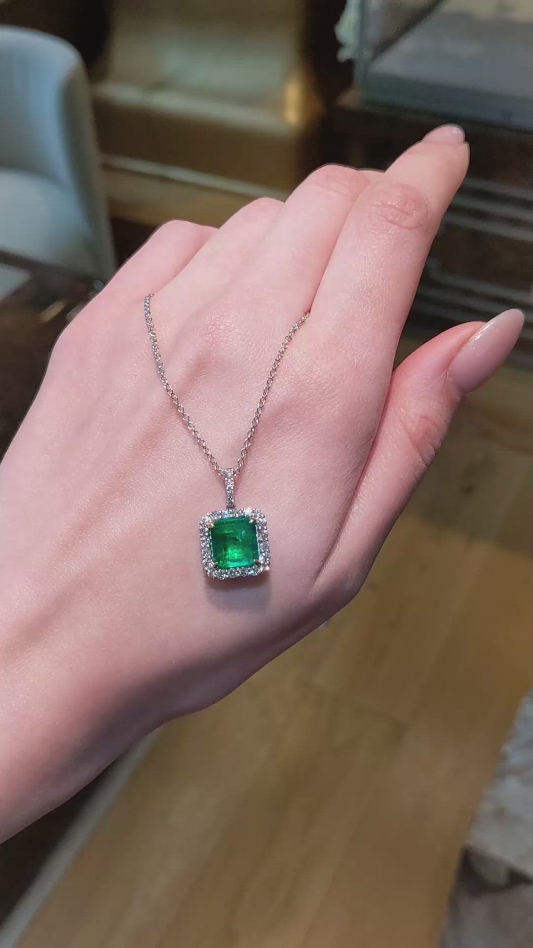 4.41 Ct. Emerald and Natural Diamond Pave Pendant, 18K White & Yellow Size Video