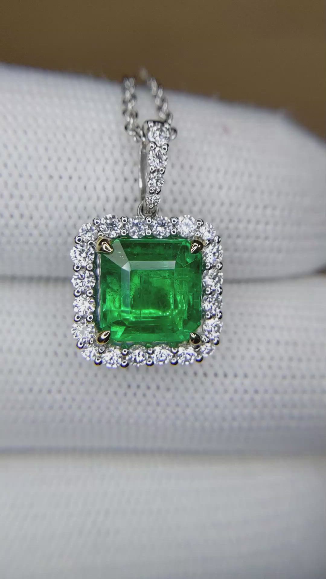 4.41 Ct. Emerald and Natural Diamond Pave Pendant, 18K White & Yellow Size Video