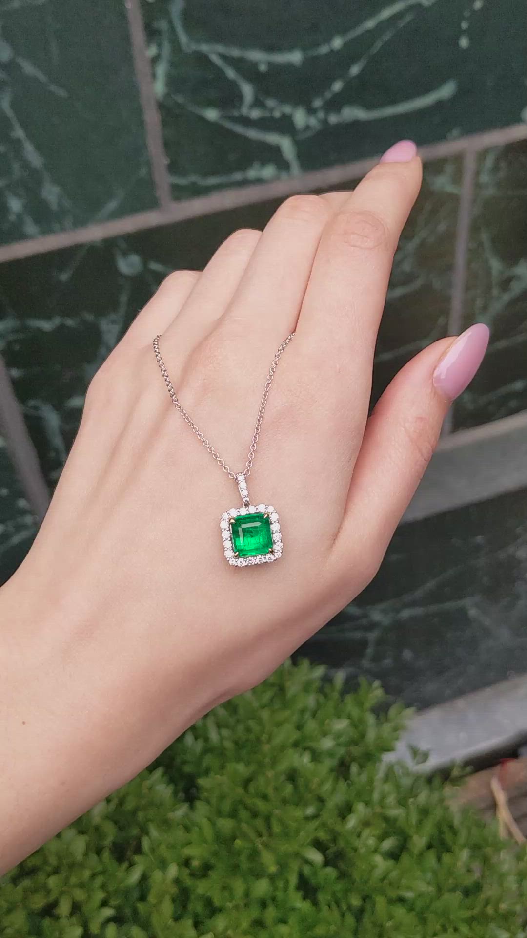 4.41 Ct. Emerald and Natural Diamond Pave Pendant, 18K White & Yellow Size Video