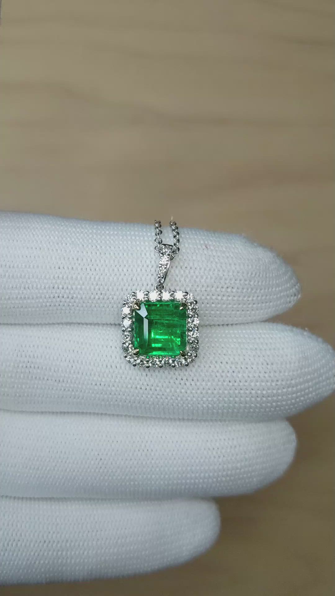 4.41 Ct. Emerald and Natural Diamond Pave Pendant, 18K White & Yellow Size Video