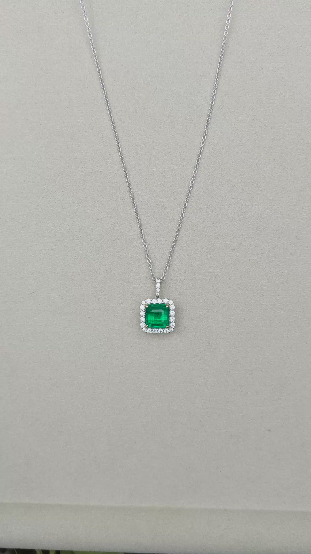 4.41 Ct. Emerald and Natural Diamond Pave Pendant, 18K White & Yellow Size Video