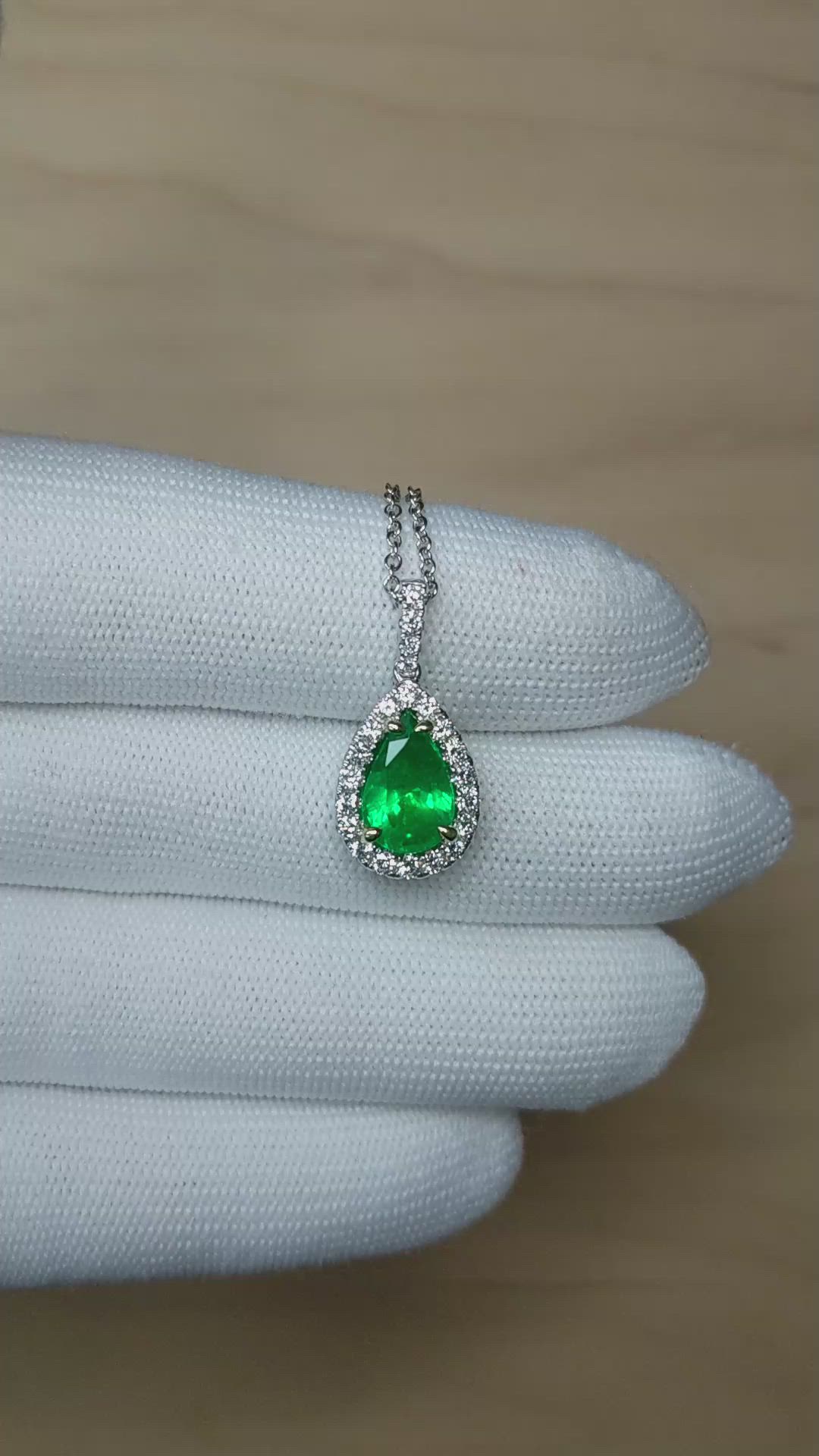 2.74 Ct. Emerald and Natural Diamond Pave Pendant, 18K White & Yellow Size Video