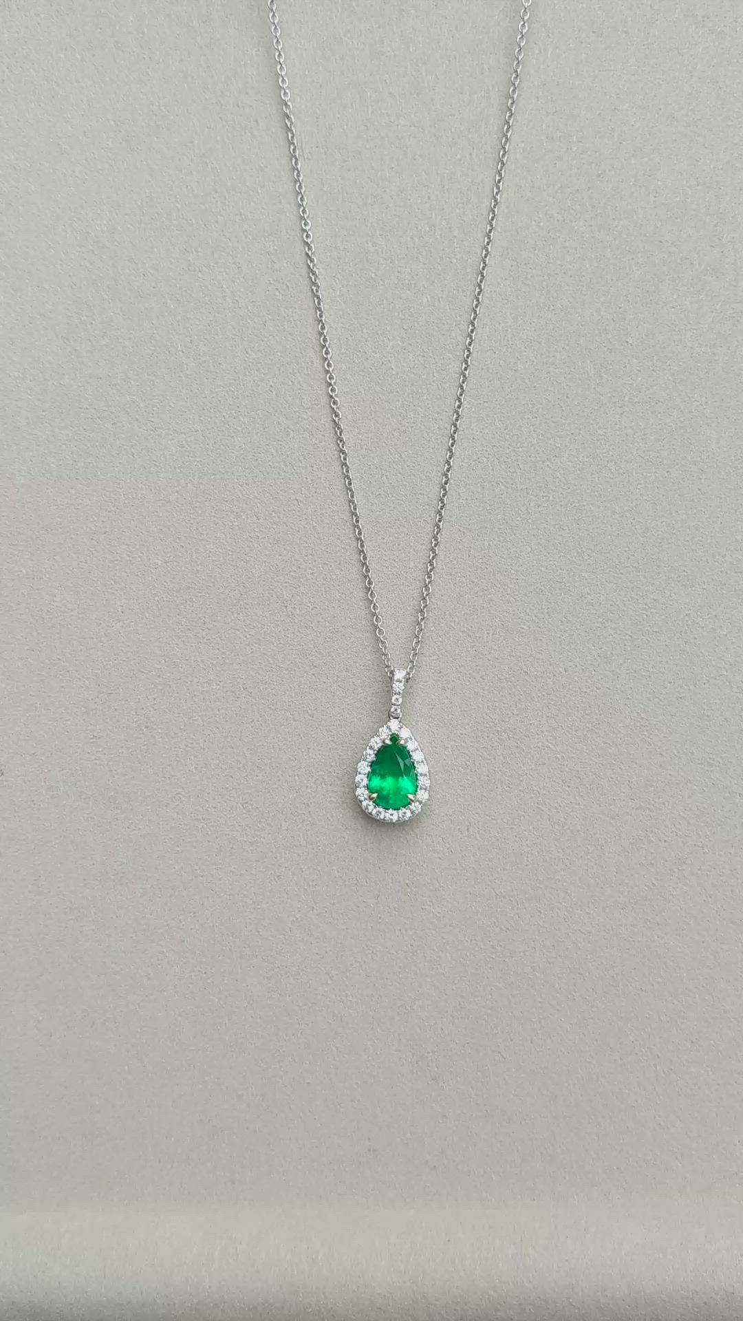 2.74 Ct. Emerald and Natural Diamond Pave Pendant, 18K White & Yellow Size Video